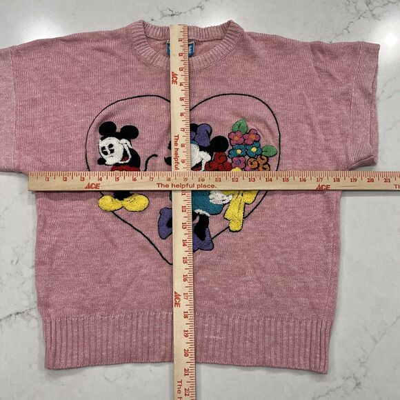 Sunday Comics Sweater M Vintage Mickey Minnie Flowers Short Sleeve Pink Textured - Picture 3 of 9